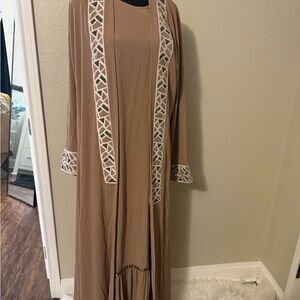 Elegant Brown Long Dress with Geometric Trim